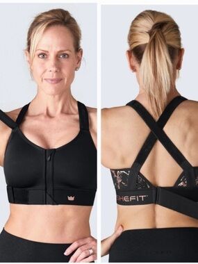 SHEFIT Black Front-Zip Support Bra with Gold Crown Accent